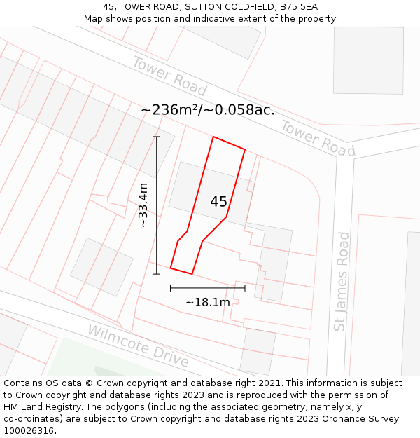 45, TOWER ROAD, SUTTON COLDFIELD, B75 5EA: Plot and title map