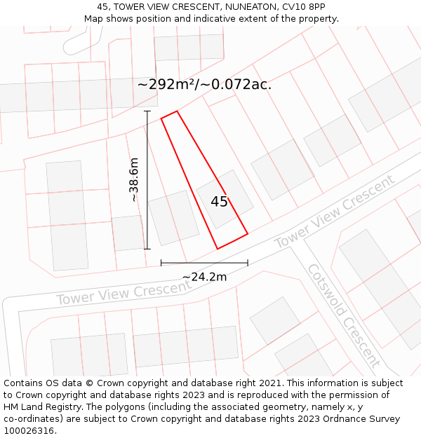 45, TOWER VIEW CRESCENT, NUNEATON, CV10 8PP: Plot and title map