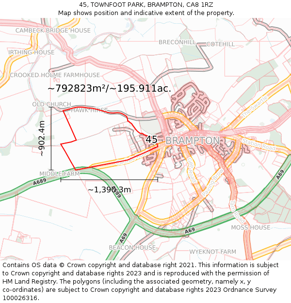 45, TOWNFOOT PARK, BRAMPTON, CA8 1RZ: Plot and title map