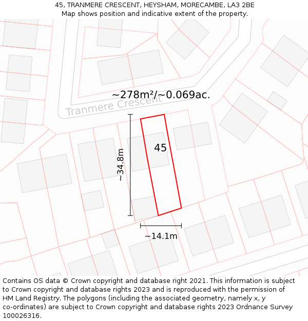 45, TRANMERE CRESCENT, HEYSHAM, MORECAMBE, LA3 2BE: Plot and title map
