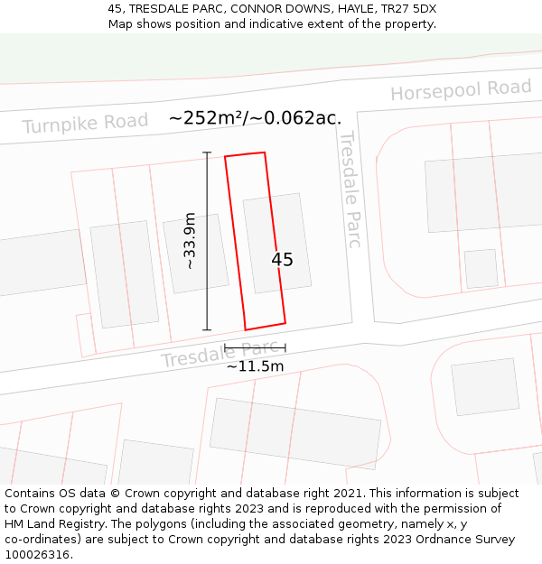 45, TRESDALE PARC, CONNOR DOWNS, HAYLE, TR27 5DX: Plot and title map