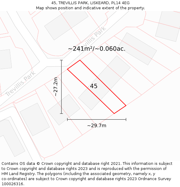 45, TREVILLIS PARK, LISKEARD, PL14 4EG: Plot and title map
