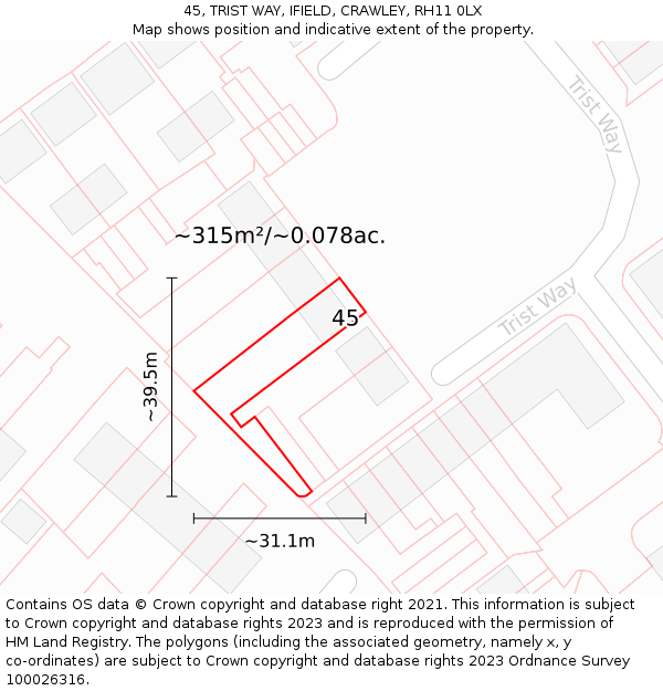 45, TRIST WAY, IFIELD, CRAWLEY, RH11 0LX: Plot and title map
