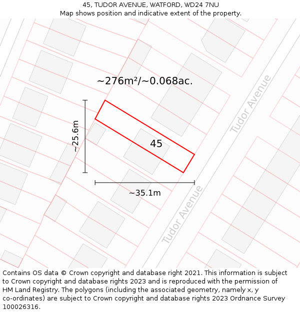45, TUDOR AVENUE, WATFORD, WD24 7NU: Plot and title map