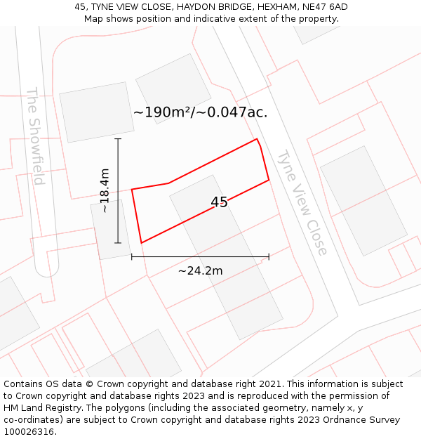 45, TYNE VIEW CLOSE, HAYDON BRIDGE, HEXHAM, NE47 6AD: Plot and title map