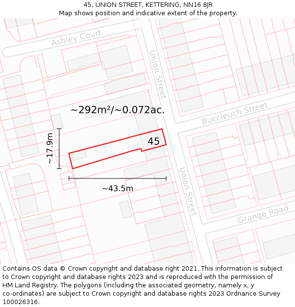 45, UNION STREET, KETTERING, NN16 8JR: Plot and title map