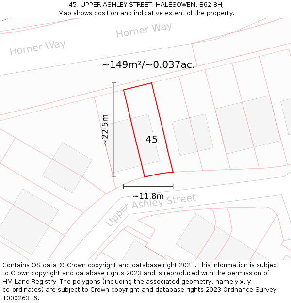 45, UPPER ASHLEY STREET, HALESOWEN, B62 8HJ: Plot and title map