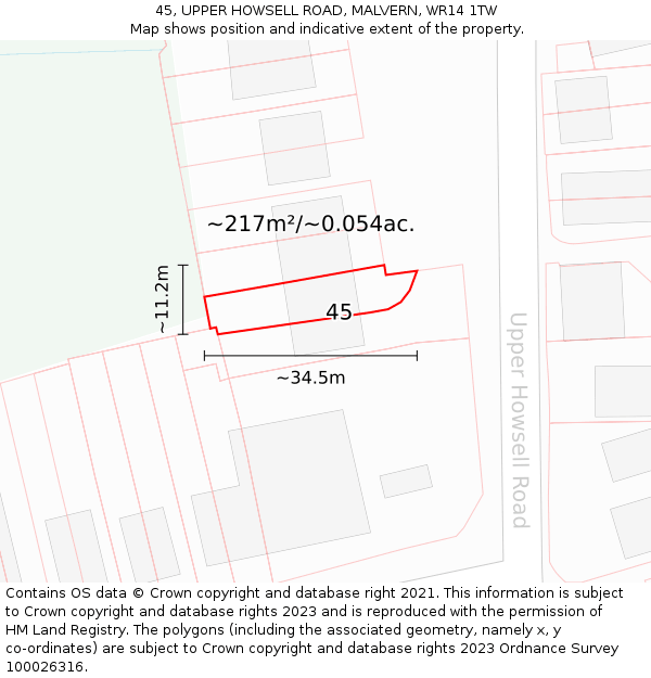 45, UPPER HOWSELL ROAD, MALVERN, WR14 1TW: Plot and title map