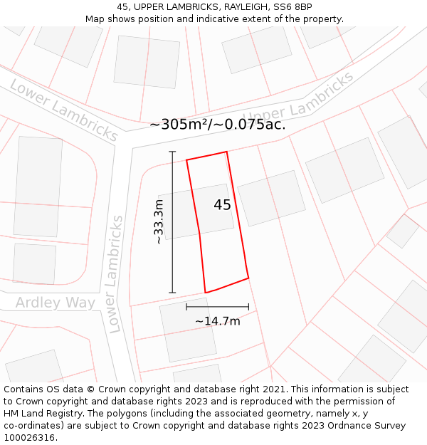 45, UPPER LAMBRICKS, RAYLEIGH, SS6 8BP: Plot and title map