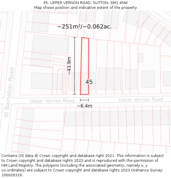45, UPPER VERNON ROAD, SUTTON, SM1 4NW: Plot and title map