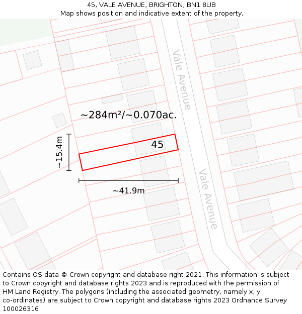 45, VALE AVENUE, BRIGHTON, BN1 8UB: Plot and title map