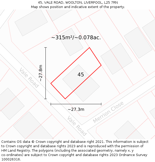 45, VALE ROAD, WOOLTON, LIVERPOOL, L25 7RN: Plot and title map