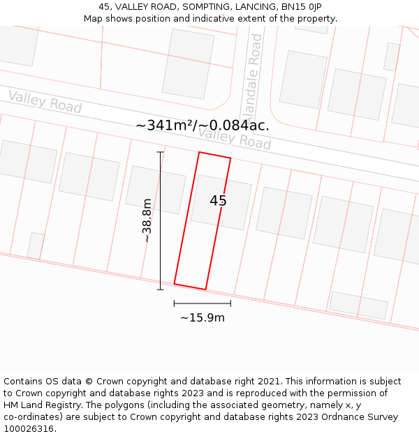 45, VALLEY ROAD, SOMPTING, LANCING, BN15 0JP: Plot and title map