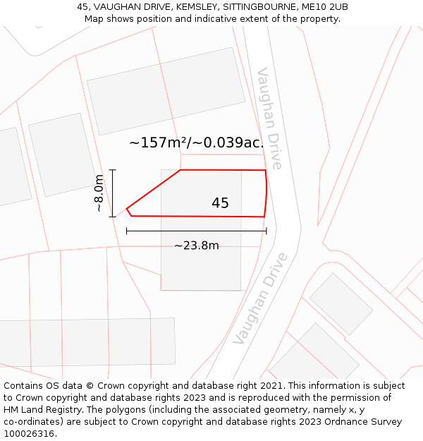 45, VAUGHAN DRIVE, KEMSLEY, SITTINGBOURNE, ME10 2UB: Plot and title map