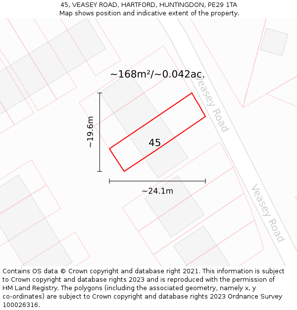 45, VEASEY ROAD, HARTFORD, HUNTINGDON, PE29 1TA: Plot and title map