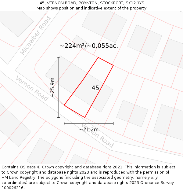 45, VERNON ROAD, POYNTON, STOCKPORT, SK12 1YS: Plot and title map