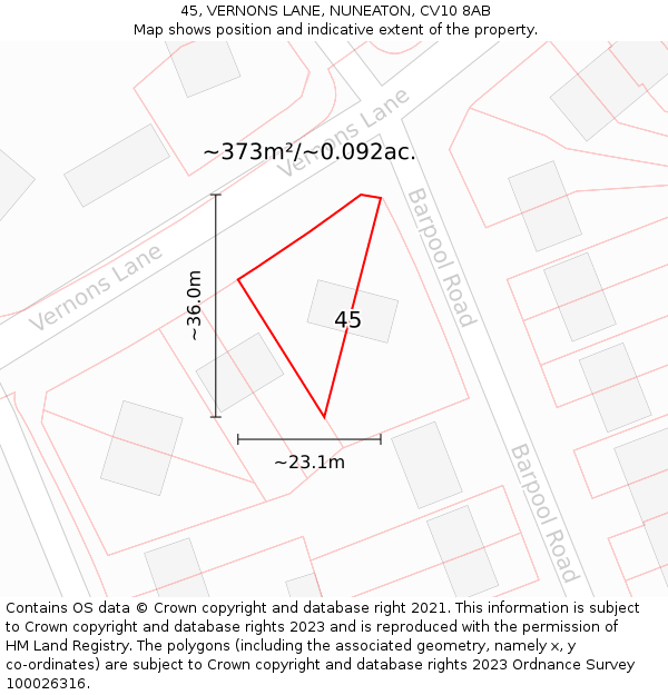 45, VERNONS LANE, NUNEATON, CV10 8AB: Plot and title map