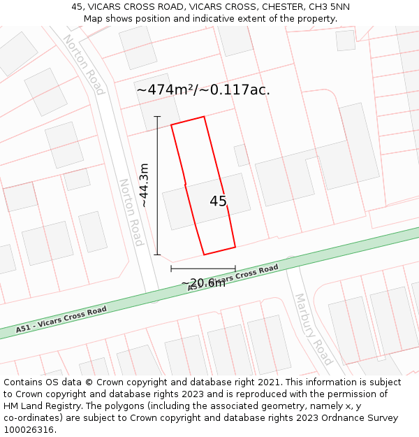 45, VICARS CROSS ROAD, VICARS CROSS, CHESTER, CH3 5NN: Plot and title map