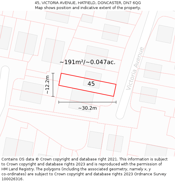 45, VICTORIA AVENUE, HATFIELD, DONCASTER, DN7 6QG: Plot and title map