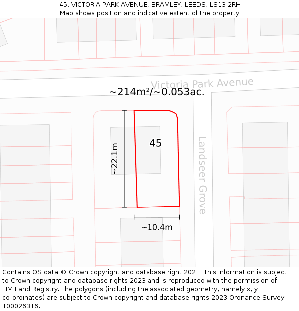 45, VICTORIA PARK AVENUE, BRAMLEY, LEEDS, LS13 2RH: Plot and title map