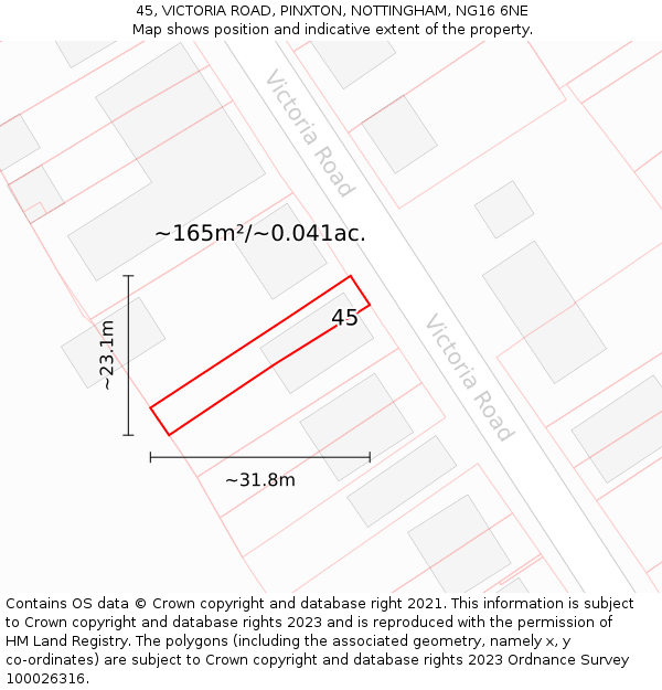45, VICTORIA ROAD, PINXTON, NOTTINGHAM, NG16 6NE: Plot and title map