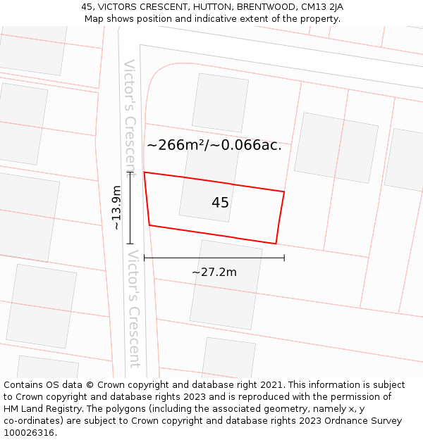 45, VICTORS CRESCENT, HUTTON, BRENTWOOD, CM13 2JA: Plot and title map