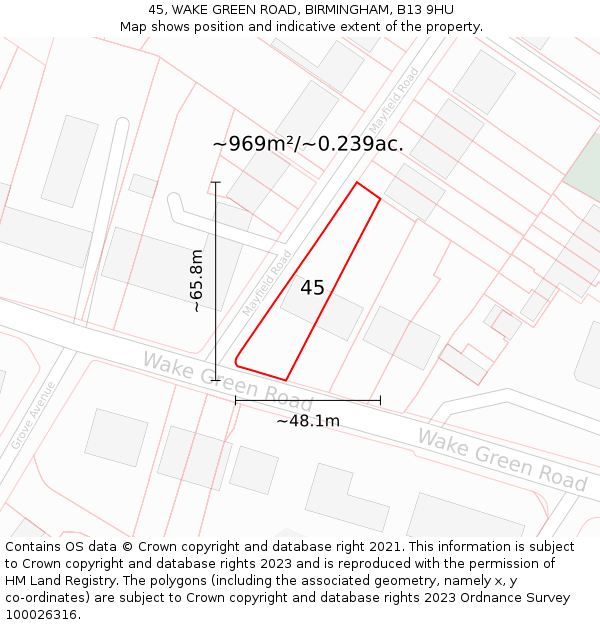 45, WAKE GREEN ROAD, BIRMINGHAM, B13 9HU: Plot and title map