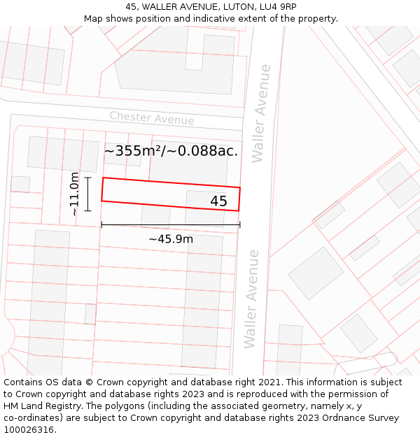 45, WALLER AVENUE, LUTON, LU4 9RP: Plot and title map