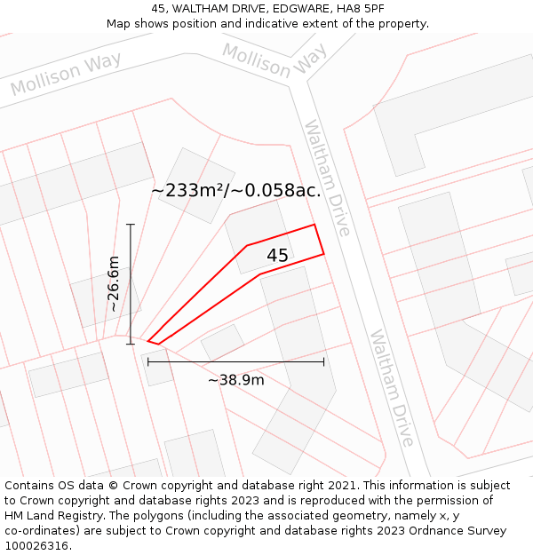 45, WALTHAM DRIVE, EDGWARE, HA8 5PF: Plot and title map