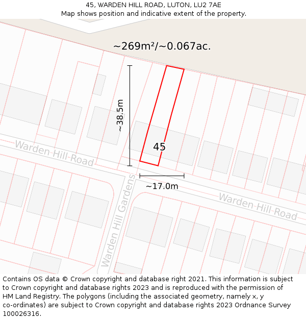 45, WARDEN HILL ROAD, LUTON, LU2 7AE: Plot and title map