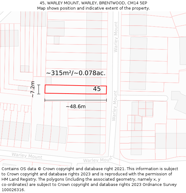 45, WARLEY MOUNT, WARLEY, BRENTWOOD, CM14 5EP: Plot and title map