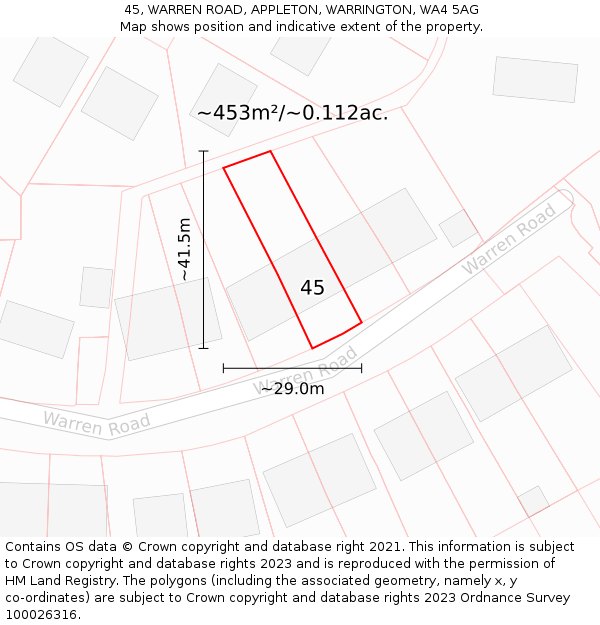 45, WARREN ROAD, APPLETON, WARRINGTON, WA4 5AG: Plot and title map