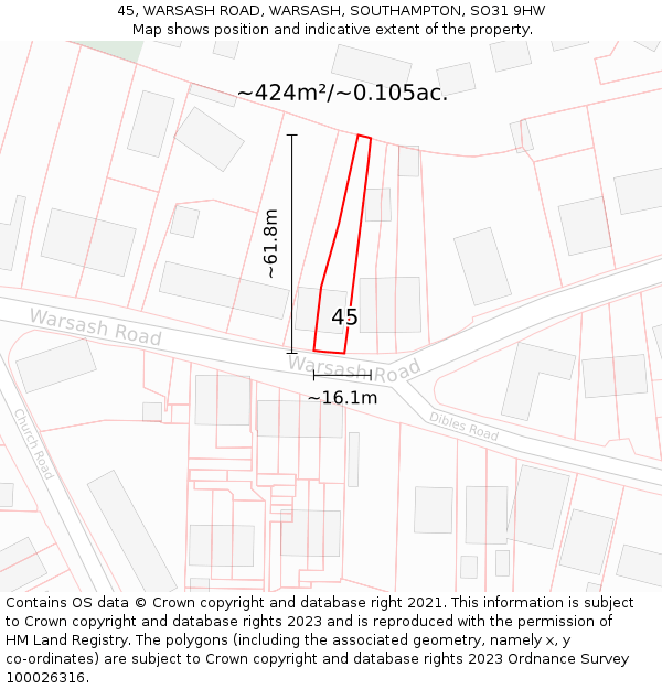 45, WARSASH ROAD, WARSASH, SOUTHAMPTON, SO31 9HW: Plot and title map