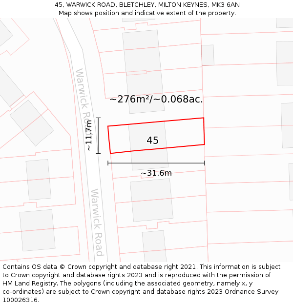45, WARWICK ROAD, BLETCHLEY, MILTON KEYNES, MK3 6AN: Plot and title map