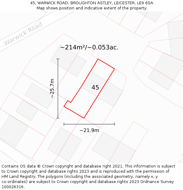45, WARWICK ROAD, BROUGHTON ASTLEY, LEICESTER, LE9 6SA: Plot and title map