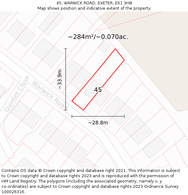 45, WARWICK ROAD, EXETER, EX1 3HB: Plot and title map