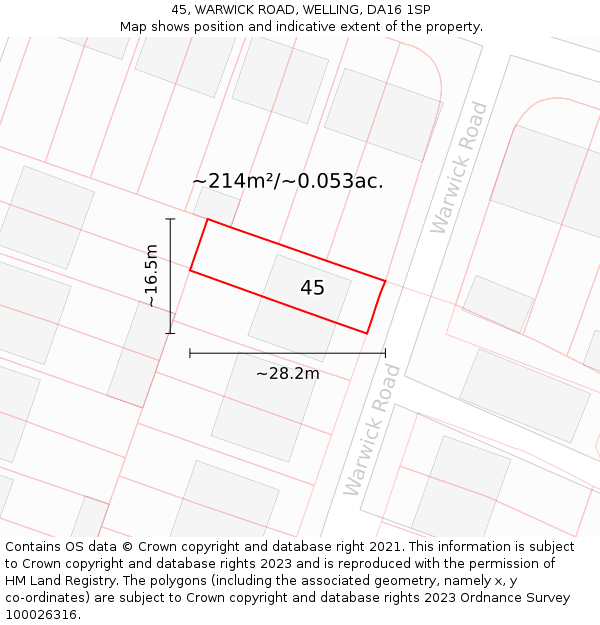 45, WARWICK ROAD, WELLING, DA16 1SP: Plot and title map