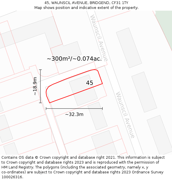 45, WAUNSCIL AVENUE, BRIDGEND, CF31 1TY: Plot and title map