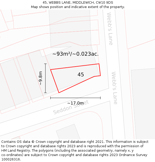 45, WEBBS LANE, MIDDLEWICH, CW10 9DS: Plot and title map