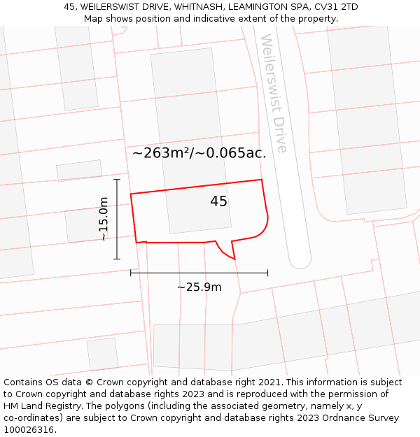 45, WEILERSWIST DRIVE, WHITNASH, LEAMINGTON SPA, CV31 2TD: Plot and title map