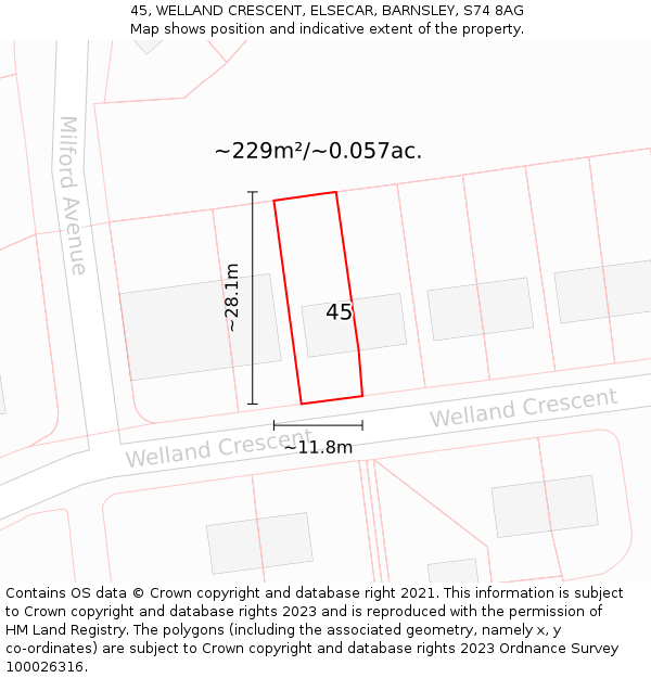45, WELLAND CRESCENT, ELSECAR, BARNSLEY, S74 8AG: Plot and title map