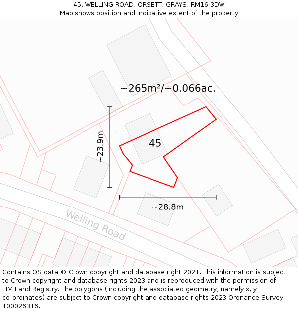 45, WELLING ROAD, ORSETT, GRAYS, RM16 3DW: Plot and title map