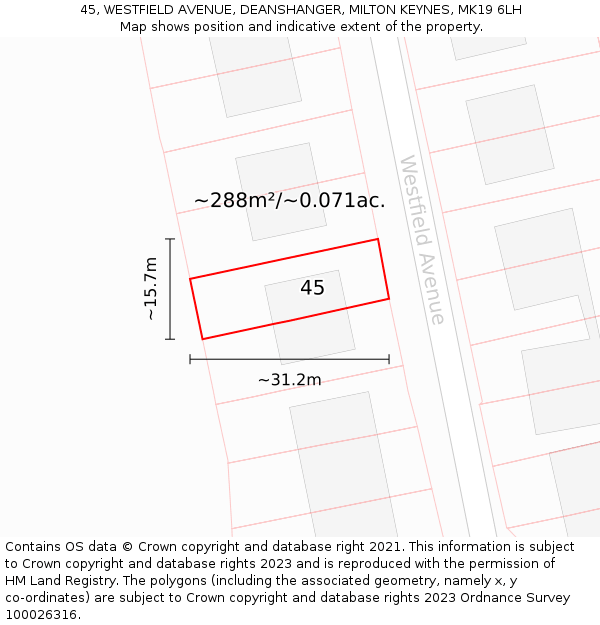 45, WESTFIELD AVENUE, DEANSHANGER, MILTON KEYNES, MK19 6LH: Plot and title map