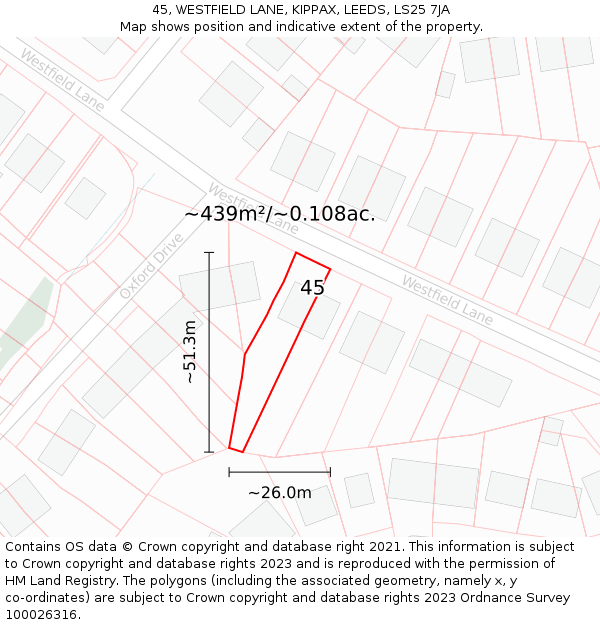 45, WESTFIELD LANE, KIPPAX, LEEDS, LS25 7JA: Plot and title map