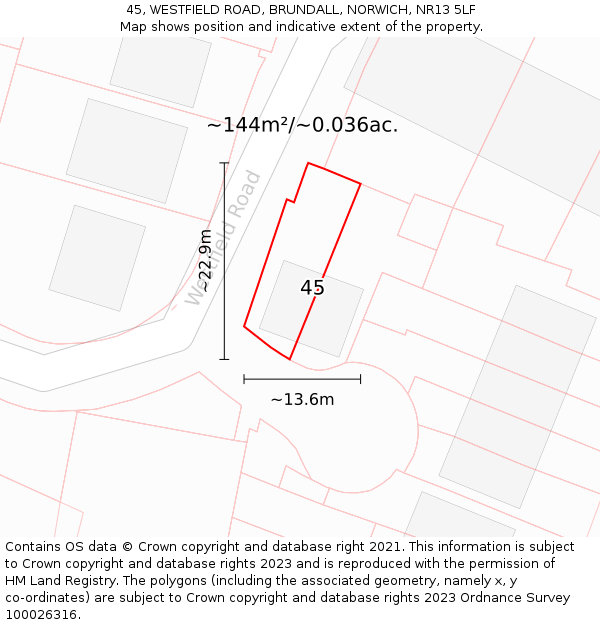 45, WESTFIELD ROAD, BRUNDALL, NORWICH, NR13 5LF: Plot and title map