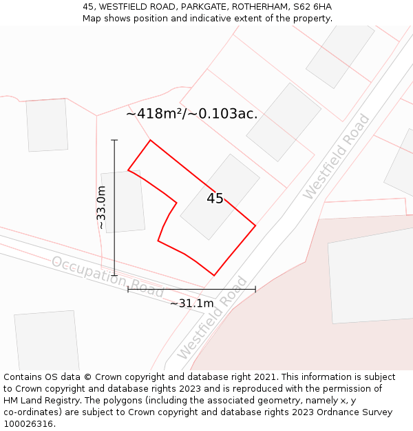45, WESTFIELD ROAD, PARKGATE, ROTHERHAM, S62 6HA: Plot and title map