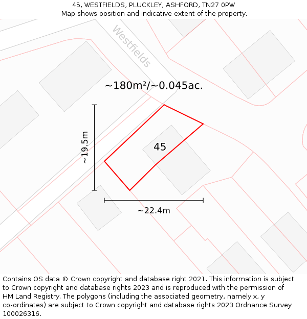 45, WESTFIELDS, PLUCKLEY, ASHFORD, TN27 0PW: Plot and title map