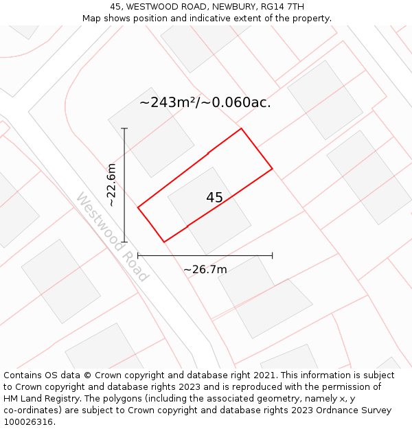 45, WESTWOOD ROAD, NEWBURY, RG14 7TH: Plot and title map