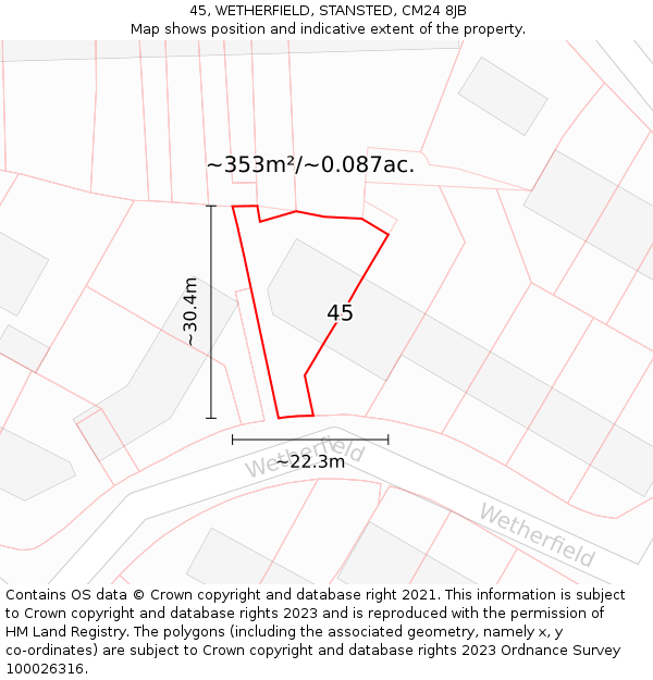 45, WETHERFIELD, STANSTED, CM24 8JB: Plot and title map