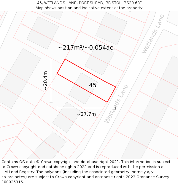 45, WETLANDS LANE, PORTISHEAD, BRISTOL, BS20 6RF: Plot and title map